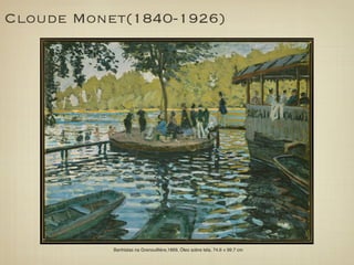 Cloude Monet(1840-1926)




           Banhistas na Grenouillière,1869, Óleo sobre tela, 74.6 × 99.7 cm
 
