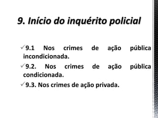 9.1 Nos crimes de ação pública
incondicionada.
9.2. Nos crimes de ação pública
condicionada.
9.3. Nos crimes de ação privada.
 