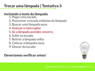UNIVERSIDADE ESTADUAL DA PARAÍBA | PROJETOHERMES
Trocar uma lâmpada | Tentativa 3
1. Pegar uma escada
2. Posicionar a escada embaixo da lâmpada
3. Buscar uma lâmpada nova
4. Acionar o interruptor
5. Se a lâmpada acender, encerre.
6. Subir na escada
7. Retirar a lâmpada velha
8. Colocar a lâmpada nova
9. Descer da escada
Incluindo o teste da lâmpada
Deveríamos verificar antes!
 