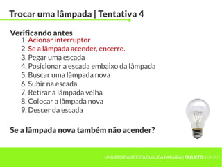 UNIVERSIDADE ESTADUAL DA PARAÍBA | PROJETOHERMES
Trocar uma lâmpada | Tentativa 4
1. Acionar interruptor
2. Se a lâmpada acender, encerre.
3. Pegar uma escada
4. Posicionar a escada embaixo da lâmpada
5. Buscar uma lâmpada nova
6. Subir na escada
7. Retirar a lâmpada velha
8. Colocar a lâmpada nova
9. Descer da escada
Verificando antes
Se a lâmpada nova também não acender?
 