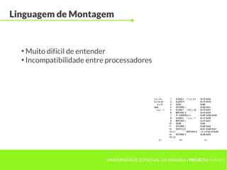UNIVERSIDADE ESTADUAL DA PARAÍBA | PROJETOHERMES
Linguagem de Montagem
●
Muito difícil de entender
●
Incompatibilidade entre processadores
 