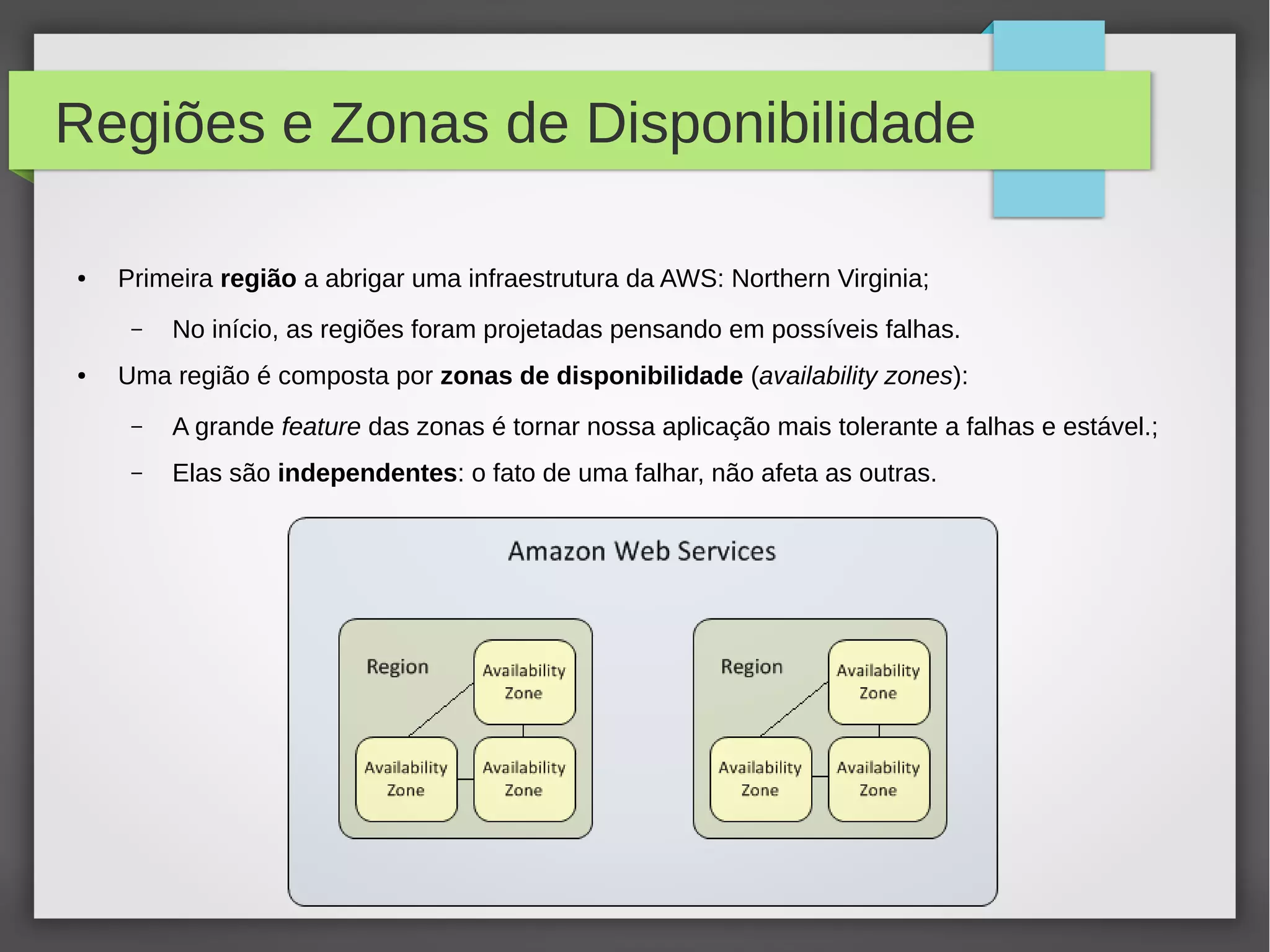 Regiões e Zonas de Disponibilidade
● Primeira região a abrigar uma infraestrutura da AWS: Northern Virginia;
– No início, as regiões foram projetadas pensando em possíveis falhas.
● Uma região é composta por zonas de disponibilidade (availability zones):
– A grande feature das zonas é tornar nossa aplicação mais tolerante a falhas e estável.;
– Elas são independentes: o fato de uma falhar, não afeta as outras.
 