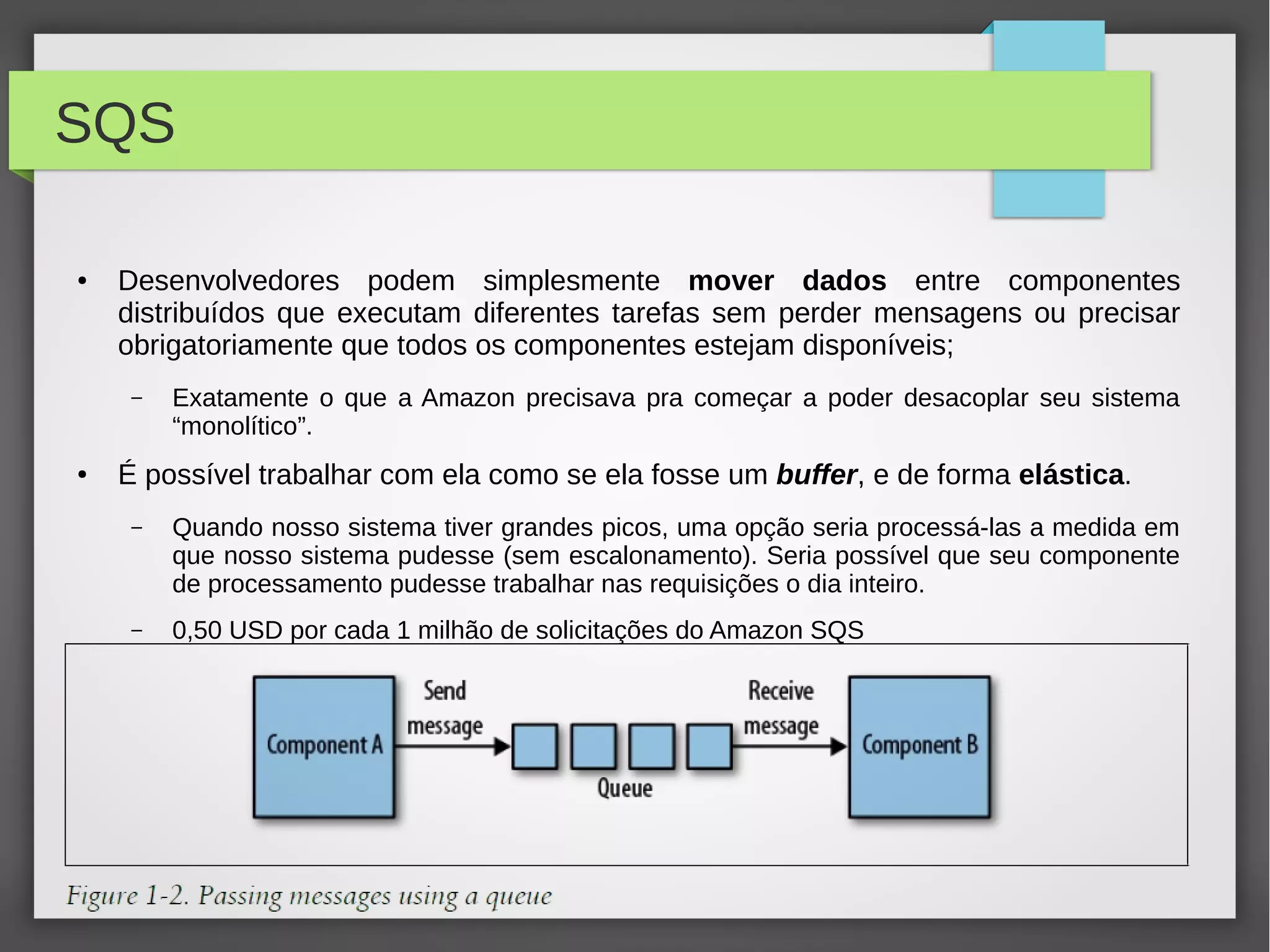 SQS
● Desenvolvedores podem simplesmente mover dados entre componentes
distribuídos que executam diferentes tarefas sem perder mensagens ou precisar
obrigatoriamente que todos os componentes estejam disponíveis;
– Exatamente o que a Amazon precisava pra começar a poder desacoplar seu sistema
“monolítico”.
● É possível trabalhar com ela como se ela fosse um buffer, e de forma elástica.
– Quando nosso sistema tiver grandes picos, uma opção seria processá-las a medida em
que nosso sistema pudesse (sem escalonamento). Seria possível que seu componente
de processamento pudesse trabalhar nas requisições o dia inteiro.
– 0,50 USD por cada 1 milhão de solicitações do Amazon SQS
 