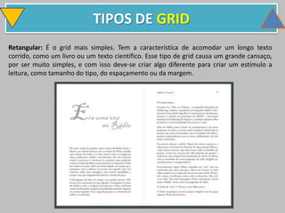 TIPOS DE GRID
Retangular: É o grid mais simples. Tem a característica de acomodar um longo texto
corrido, como um livro ou um texto científico. Esse tipo de grid causa um grande cansaço,
por ser muito simples, e com isso deve-se criar algo diferente para criar um estímulo a
leitura, como tamanho do tipo, do espaçamento ou da margem.
 