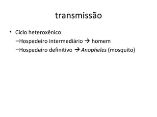 traismissão
• Ciclo heteroxêiico
–Hospedeiro iitermediário  homem
–Hospedeiro defiitvo  Anopheles (mosquito)
 
