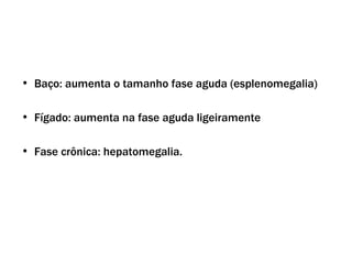 Alterações clínicas
• Baço: aumenta o tamanho fase aguda (esplenomegalia)
• Fígado: aumenta na fase aguda ligeiramente
• Fase crônica: hepatomegalia.
 