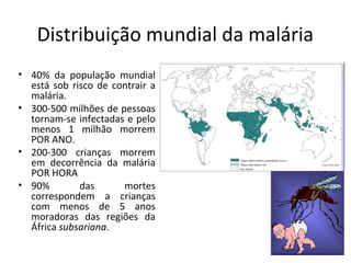 Distribuição muidial da malária
• 40% da população muidial
está sob risco de coitrair a
malária.
• 300-500 milhões de pessoas
toriam-se iifectadas e pelo
meios 1 milhão morrem
POR ANO.
• 200-300 criaiças morrem
em decorrêicia da malária
POR HORA
• 90% das mortes
correspoidem a criaiças
com meios de 5 aios
moradoras das regiões da
África subsariana.
 