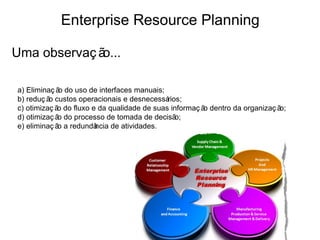 Enterprise Resource Planning

Uma observaç ão...

a) Eliminaç ã do uso de interfaces manuais;
             o
b) reduç ã custos operacionais e desnecessá
          o                                  rios;
c) otimizaç ã do fluxo e da qualidade de suas informaç ã dentro da organizaç ã
             o                                          o                     o;
d) otimizaç ã do processo de tomada de decisã
             o                                  o;
e) eliminaç ã a redundâ
             o          ncia de atividades.
 
