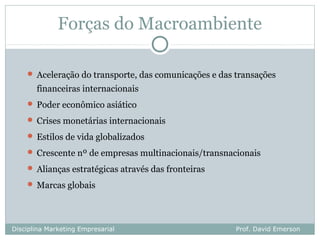Forças do Macroambiente

     Aceleração do transporte, das comunicações e das transações

       financeiras internacionais
     Poder econômico asiático

     Crises monetárias internacionais

     Estilos de vida globalizados

     Crescente nº de empresas multinacionais/transnacionais

     Alianças estratégicas através das fronteiras

     Marcas globais




Disciplina Marketing Empresarial                       Prof. David Emerson
 