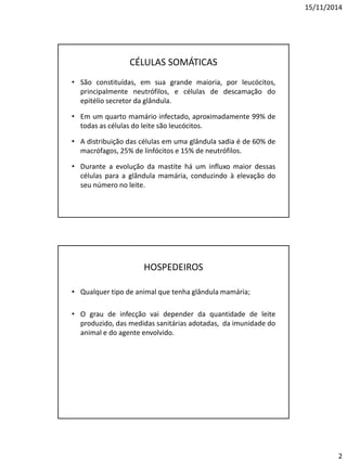 15/11/2014
2
CÉLULAS SOMÁTICAS
• São constituídas, em sua grande maioria, por leucócitos,
principalmente neutrófilos, e células de descamação do
epitélio secretor da glândula.
• Em um quarto mamário infectado, aproximadamente 99% de
todas as células do leite são leucócitos.
• A distribuição das células em uma glândula sadia é de 60% de
macrófagos, 25% de linfócitos e 15% de neutrófilos.
• Durante a evolução da mastite há um influxo maior dessas
células para a glândula mamária, conduzindo à elevação do
seu número no leite.
HOSPEDEIROS
• Qualquer tipo de animal que tenha glândula mamária;
• O grau de infecção vai depender da quantidade de leite
produzido, das medidas sanitárias adotadas, da imunidade do
animal e do agente envolvido.
 