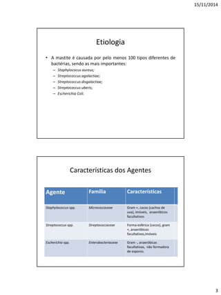 15/11/2014
3
Etiologia
• A mastite é causada por pelo menos 100 tipos diferentes de
bactérias, sendo as mais importantes:
– Staphylococus aureus;
– Streptococcus agalactiae;
– Streptococcus disgalactiae;
– Streptococcus uberis;
– Escherichia Coli.
Características dos Agentes
Agente Família Características
Staphylococcus spp. Micrococcaceae Gram +, cocos (cachos de
uva), imóveis, anaeróbicos
facultativos
Streptococcus spp. Streptococcaceae Forma esférica (cocos), gram
+, anaeróbicos
facultativos,imóveis
Escherichia spp. Enterobacteriaceae Gram -, anaeróbicas
facultativas, não formadora
de esporos.
 