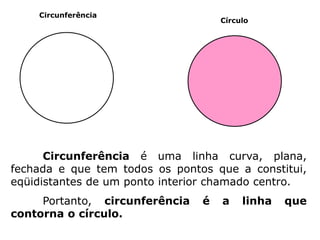 Circunferência é uma linha curva, plana,
fechada e que tem todos os pontos que a constitui,
eqüidistantes de um ponto interior chamado centro.
Portanto, circunferência é a linha que
contorna o círculo.
Círculo
Circunferência
 