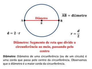 Diâmetro
0
Diâmetro: Segmento de reta que divide a
circunferência ao meio, passando pelo
centro
A B
Diâmetro: Diâmetro de uma circunferência (ou de um círculo) é
uma corda que passa pelo centro da circunferência. Observamos
que o diâmetro é a maior corda da circunferência.
 