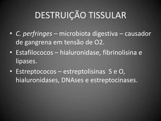DESTRUIÇÃO TISSULARC. perfringes – microbiota digestiva – causador de gangrena em tensão de O2.Estafilococos – hialuronidase, fibrinolisinae lipases. Estreptococos – estreptolisinasS e O, hialuronidases, DNAses e estreptocinases.