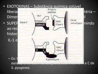 EXOTOXINAS – Substância química solúvel liberada para a corrente sanguínea pela bactéria – Dímeros. Ex: Toxinas liberadas pelo C. tetaniiSUPERANTÍGENOS – ativam linfócitos T se unindo ao receptor e ao complexo de histocompatibilidade principal.	 IL-1 e IL-2  destruição de LT.Ex: toxina del síndrome del shock tóxico por S. aureus, enterotoxinas estafilocócicas e toxina A e C de S. pyogenes.