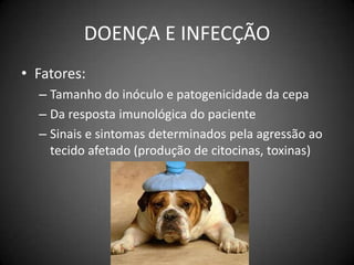 DOENÇA E INFECÇÃOFatores:Tamanho do inóculo e patogenicidade da cepaDa resposta imunológica do pacienteSinais e sintomas determinados pela agressão ao tecido afetado (produção de citocinas, toxinas)