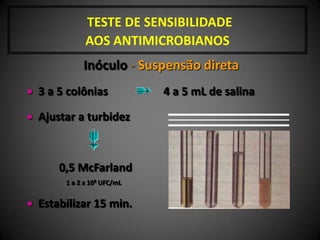AUTOMATIZADOSTESTE DE SENSISIBILIDADE AOSANTIBIÓTICOSPadronizaçãoControle de qualidade dos itens:meiospH		temperatura		incubação		discos (Cepas ATCC)