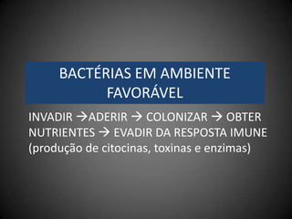 	INVADIR ADERIR  COLONIZAR  OBTER NUTRIENTES  EVADIR DA RESPOSTA IMUNE (produção de citocinas, toxinas e enzimas)BACTÉRIAS EM AMBIENTE FAVORÁVEL