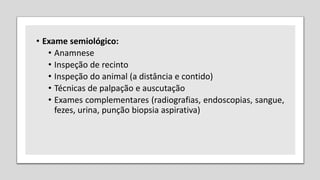 • Exame semiológico:
• Anamnese
• Inspeção de recinto
• Inspeção do animal (a distância e contido)
• Técnicas de palpação e auscutação
• Exames complementares (radiografias, endoscopias, sangue,
fezes, urina, punção biopsia aspirativa)
 