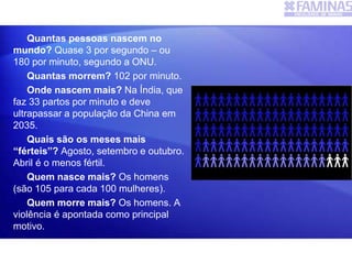 Quantas pessoas nascem no
mundo? Quase 3 por segundo – ou
180 por minuto, segundo a ONU.
Quantas morrem? 102 por minuto.
Onde nascem mais? Na Índia, que
faz 33 partos por minuto e deve
ultrapassar a população da China em
2035.
Quais são os meses mais
“férteis”? Agosto, setembro e outubro.
Abril é o menos fértil.
Quem nasce mais? Os homens
(são 105 para cada 100 mulheres).
Quem morre mais? Os homens. A
violência é apontada como principal
motivo.
Retirado:
 