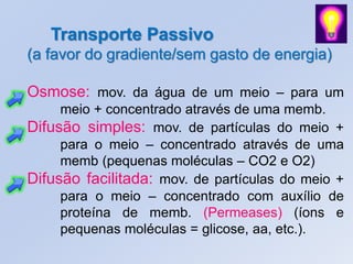 Transporte Passivo
(a favor do gradiente/sem gasto de energia)

Osmose: mov. da água de um meio – para um
     meio + concentrado através de uma memb.
Difusão simples: mov. de partículas do meio +
     para o meio – concentrado através de uma
     memb (pequenas moléculas – CO2 e O2)
Difusão facilitada: mov. de partículas do meio +
     para o meio – concentrado com auxílio de
     proteína de memb. (Permeases) (íons e
     pequenas moléculas = glicose, aa, etc.).
 