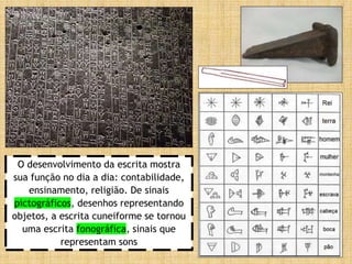 O desenvolvimento da escrita mostra
sua função no dia a dia: contabilidade,
ensinamento, religião. De sinais
pictográficos, desenhos representando
objetos, a escrita cuneiforme se tornou
uma escrita fonográfica, sinais que
representam sons
 