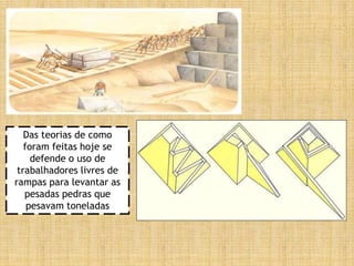 Das teorias de como
foram feitas hoje se
defende o uso de
trabalhadores livres de
rampas para levantar as
pesadas pedras que
pesavam toneladas
 