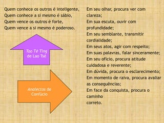 Quem conhece os outros é inteligente,
Quem conhece a si mesmo é sábio,
Quem vence os outros é forte,
Quem vence a si mesmo é poderoso.
Em seu olhar, procura ver com
clareza;
Em sua escuta, ouvir com
profundidade;
Em seu semblante, transmitir
cordialidade;
Em seus atos, agir com respeito;
Em suas palavras, falar sinceramente;
Em seu ofício, procura atitude
cuidadosa e reverente;
Em dúvida, procura o esclarecimento;
Em momento de raiva, procura avaliar
as consequências;
Em face da conquista, procura o
caminho
correto.
Tao Té Ting
de Lao Tsé
Analectos de
Confúcio
 