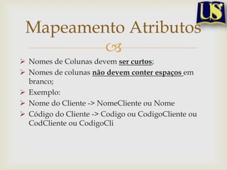 Mapeamento Atributos

 Nomes de Colunas devem ser curtos;
 Nomes de colunas não devem conter espaços em
branco;
 Exemplo:
 Nome do Cliente -> NomeCliente ou Nome
 Código do Cliente -> Codigo ou CodigoCliente ou
CodCliente ou CodigoCli

 