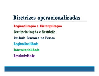 Diretrizes operacionalizadas
Regionalização e Hierarquização
Territorialização e Adstrição
Cuidado Centrado na Pessoa
Logitudinalidade
Intersetorialidade
Resolutividade
 