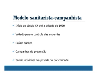 Modelo sanitarista-campanhista
 Início do século XX até a década de 1920
 Voltado para o controle das endemias
 Saúde pública
 Campanhas de prevenção
 Saúde individual era privada ou por caridade
 