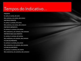 Tempos do Indicativo...
PRESENTE
Eu canto, tu cantas, ele canta
Nós cantamos, vós cantais, eles cantam
PRETÉRITO PERFEITO
Eu cantei, tu cantaste, ele cantou
Nós cantamos, vós cantais, eles cantaram
PRETÉRITO IMPERFEITO
Eu cantava, tu cantavas, ele cantava
Nós cantávamos, vós cantáveis, eles cantavam
PRETÉRITO MAIS-QUE-PERFEITO
Eu cantara, tu cantaras, ele cantara,
Nós cantáramos, vós cantáreis, eles cantaram
FUTURO DO PRESENTE
Eu cantarei, tu cantarás, ele cantará
Nós cantaremos, vós cantareis, eles cantarão
FUTURO DO PRETÉRITO
Eu cantaria, tu cantarias, ele cantaria
Nós cantaríamos, vós cantaríeis, eles cantariam
 