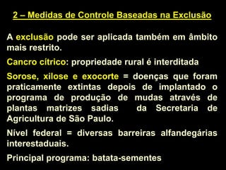 2 – Medidas de Controle Baseadas na Exclusão
A exclusão pode ser aplicada também em âmbito
mais restrito.
Cancro cítrico: propriedade rural é interditada
Sorose, xilose e exocorte = doenças que foram
praticamente extintas depois de implantado o
programa de produção de mudas através de
plantas matrizes sadias da Secretaria de
Agricultura de São Paulo.
Nível federal = diversas barreiras alfandegárias
interestaduais.
Principal programa: batata-sementes
 
