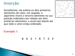 10
Inicialmente, ela ordena os dois primeiros
elementos do vetor, em seguida, o
algoritmo insere o terceiro elemento na sua
posição ordenada com relação aos dois
primeiros elementos, e assim por diante até
que todo o vetor esteja ordenado.
Exemplo 1: Considere o seguinte vetor:
 