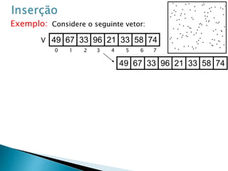 49 67 33 96 21 33 58 74
49 67 33 96 21 33 58 74
0 1 2 3 4 5 6 7
V
Exemplo: Considere o seguinte vetor:
 