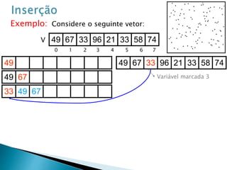 49 67 33 96 21 33 58 74
49 67 33 96 21 33 58 74V
49
49 67
33 49 67
0 1 2 3 4 5 6 7
Exemplo: Considere o seguinte vetor:
Variável marcada 3
 