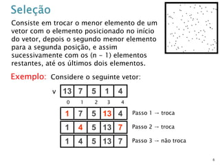 6
Consiste em trocar o menor elemento de um
vetor com o elemento posicionado no início
do vetor, depois o segundo menor elemento
para a segunda posição, e assim
sucessivamente com os (n - 1) elementos
restantes, até os últimos dois elementos.
Exemplo: Considere o seguinte vetor:
13 7 5 1 4v
0 1 2 3 4
1 7 5 13 4
1 4 5 13 7
1 4 5 13 7
Passo 1 → troca
Passo 2 → troca
Passo 3 → não troca
 