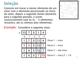 7
Consiste em trocar o menor elemento de um
vetor com o elemento posicionado no início
do vetor, depois o segundo menor elemento
para a segunda posição, e assim
sucessivamente com os (n - 1) elementos
restantes, até os últimos dois elementos.
Exemplo: Considere o seguinte vetor:
13 7 5 1 4v
0 1 2 3 4
1 7 5 13 4
1 4 5 13 7
1 4 5 13 7
1 4 5 7 13
Passo 1 → troca
Passo 2 → troca
Passo 3 → não troca
Passo 4 → troca (7 < 13)
 