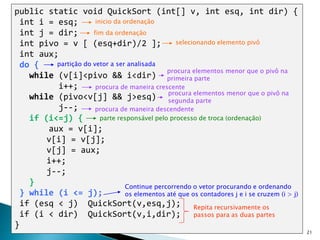 21
public static void QuickSort (int[] v, int esq, int dir) {
int i = esq;
int j = dir;
int pivo = v [ (esq+dir)/2 ];
int aux;
do {
while (v[i]<pivo && i<dir)
i++;
while (pivo<v[j] && j>esq)
j--;
if (i<=j) {
aux = v[i];
v[i] = v[j];
v[j] = aux;
i++;
j--;
}
} while (i <= j);
if (esq < j) QuickSort(v,esq,j);
if (i < dir) QuickSort(v,i,dir);
}
procura de maneira crescente
procura de maneira descendente
partição do vetor a ser analisada
parte responsável pelo processo de troca (ordenação)
Continue percorrendo o vetor procurando e ordenando
os elementos até que os contadores j e i se cruzem (i > j)
Repita recursivamente os
passos para as duas partes
procura elementos menor que o pivô na
primeira parte
procura elementos menor que o pivô na
segunda parte
inicio da ordenação
fim da ordenação
selecionando elemento pivô
 