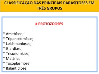 CLASSIFICAÇÃO DAS PRINCIPAIS PARASITOSES EM
TRÊS GRUPOS
# PROTOZOOSES
* Amebíase;
* Tripanosomíase;
* Leishmanioses;
* Giardíase;
* Triconomíase;
* Malária;
* Toxoplasmose;
* Balantídiose.
 