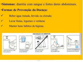•Sintomas: diarréia com sangue e fortes dores abdominais.
•Formas de Prevenção da Doença:
 Beber água tratada, fervida ou clorada;
 Lavar frutas, legumes e verduras
 Manter bons hábitos de higiene.
 
