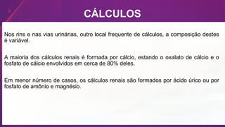 CÁLCULOS
Nos rins e nas vias urinárias, outro local frequente de cálculos, a composição destes
é variável.
A maioria dos cálculos renais é formada por cálcio, estando o oxalato de cálcio e o
fosfato de cálcio envolvidos em cerca de 80% deles.
Em menor número de casos, os cálculos renais são formados por ácido úrico ou por
fosfato de amônio e magnésio.
 