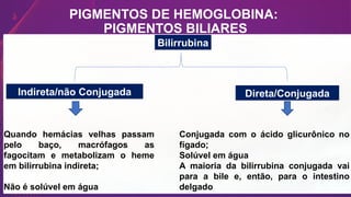 PIGMENTOS DE HEMOGLOBINA:
PIGMENTOS BILIARES
Bilirrubina
Quando hemácias velhas passam
pelo baço, macrófagos as
fagocitam e metabolizam o heme
em bilirrubina indireta;
Não é solúvel em água
Conjugada com o ácido glicurônico no
fígado;
Solúvel em água
A maioria da bilirrubina conjugada vai
para a bile e, então, para o intestino
delgado
Indireta/não Conjugada Direta/Conjugada
 
