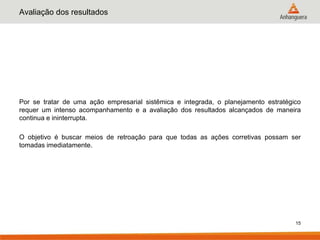 Avaliação dos resultados




Por se tratar de uma ação empresarial sistêmica e integrada, o planejamento estratégico
requer um intenso acompanhamento e a avaliação dos resultados alcançados de maneira
continua e ininterrupta.

O objetivo é buscar meios de retroação para que todas as ações corretivas possam ser
tomadas imediatamente.




                                                                                     15
 