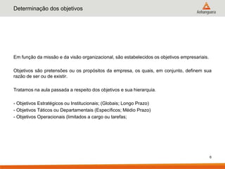 Determinação dos objetivos




Em função da missão e da visão organizacional, são estabelecidos os objetivos empresariais.

Objetivos são pretensões ou os propósitos da empresa, os quais, em conjunto, definem sua
razão de ser ou de existir.

Tratamos na aula passada a respeito dos objetivos e sua hierarquia.

- Objetivos Estratégicos ou Institucionais; (Globais; Longo Prazo)
- Objetivos Táticos ou Departamentais (Específicos; Médio Prazo)
- Objetivos Operacionais (limitados a cargo ou tarefas;




                                                                                              6
 