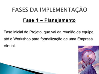 Fase 1 – Planejamento
Fase inicial do Projeto, que vai da reunião da equipe
até o Workshop para formalização de uma Empresa
Virtual.
 