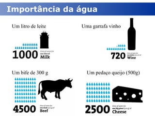 Importância da água  Um bife de 300 g Um pedaço queijo (500g) Um litro de leite Uma garrafa vinho 