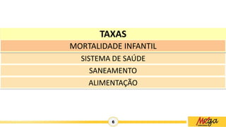 6
TAXAS
SISTEMA DE SAÚDE
SANEAMENTO
MORTALIDADE INFANTIL
ALIMENTAÇÃO
 