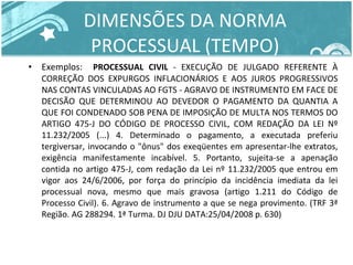DIMENSÕES DA NORMA PROCESSUAL (TEMPO) Exemplos:  PROCESSUAL CIVIL  - EXECUÇÃO DE JULGADO REFERENTE À CORREÇÃO DOS EXPURGOS INFLACIONÁRIOS E AOS JUROS PROGRESSIVOS NAS CONTAS VINCULADAS AO FGTS - AGRAVO DE INSTRUMENTO EM FACE DE DECISÃO QUE DETERMINOU AO DEVEDOR O PAGAMENTO DA QUANTIA A QUE FOI CONDENADO SOB PENA DE IMPOSIÇÃO DE MULTA NOS TERMOS DO ARTIGO 475-J DO CÓDIGO DE PROCESSO CIVIL, COM REDAÇÃO DA LEI Nº 11.232/2005 (...) 4. Determinado o pagamento, a executada preferiu tergiversar, invocando o "ônus" dos exeqüentes em apresentar-lhe extratos, exigência manifestamente incabível. 5. Portanto, sujeita-se a apenação contida no artigo 475-J, com redação da Lei nº 11.232/2005 que entrou em vigor aos 24/6/2006, por força do princípio da incidência imediata da lei processual nova, mesmo que mais gravosa (artigo 1.211 do Código de Processo Civil). 6. Agravo de instrumento a que se nega provimento. (TRF 3ª Região. AG 288294. 1ª Turma. DJ DJU DATA:25/04/2008 p. 630) 