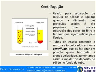 Centrifugação
• Usado para separação de
mistura de sólidos e líquidos
quando a dimensão das
partículas sólidas é tão
pequenas que provoca
obstrução dos poros do filtro e
faz com que sejam retidas pelo
líquido.
• Tubos de ensaio contendo a
mistura são colocados em uma
centrífuga, que os faz girar em
posição quase horizontal à
grande velocidade, aumentando
assim a rapidez de depósito do
sólido no fundo do tubo.
Estado Inicial Estado Final
Centrifugação
Líquido Portador
Líquido Flutuante
Base
Constituinte (líquido ou sólido)
Esquema do Princípio da Centrifugação
 